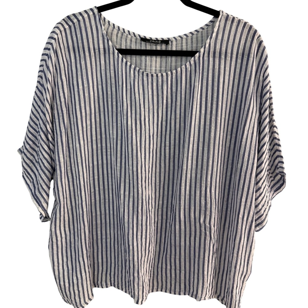 Charlie B Womens XL Striped Cotton Gauze Top Blue White Scoop Neck